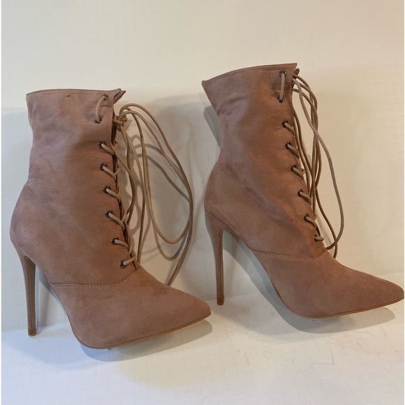 Public Desire~Pink Faux Suede Lace-Up Stiletto Ankle Boot~Pointed Toe~Size US-6 - Picture 1 of 16